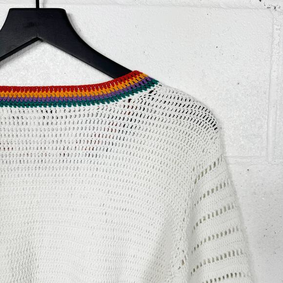 Callahan Crocheted Sweater Size XS White Rainbow Trim  Cropped Bell‎ Sleeve - Picture 9 of 10
